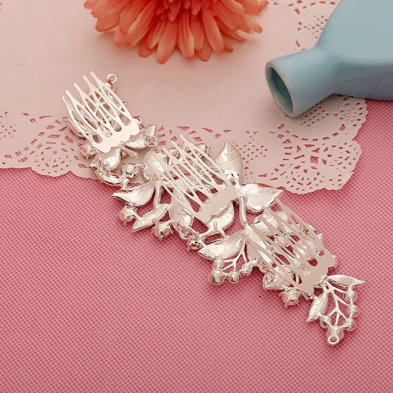 Silver Plated Floral Rhinestone Wedding Hair Comb