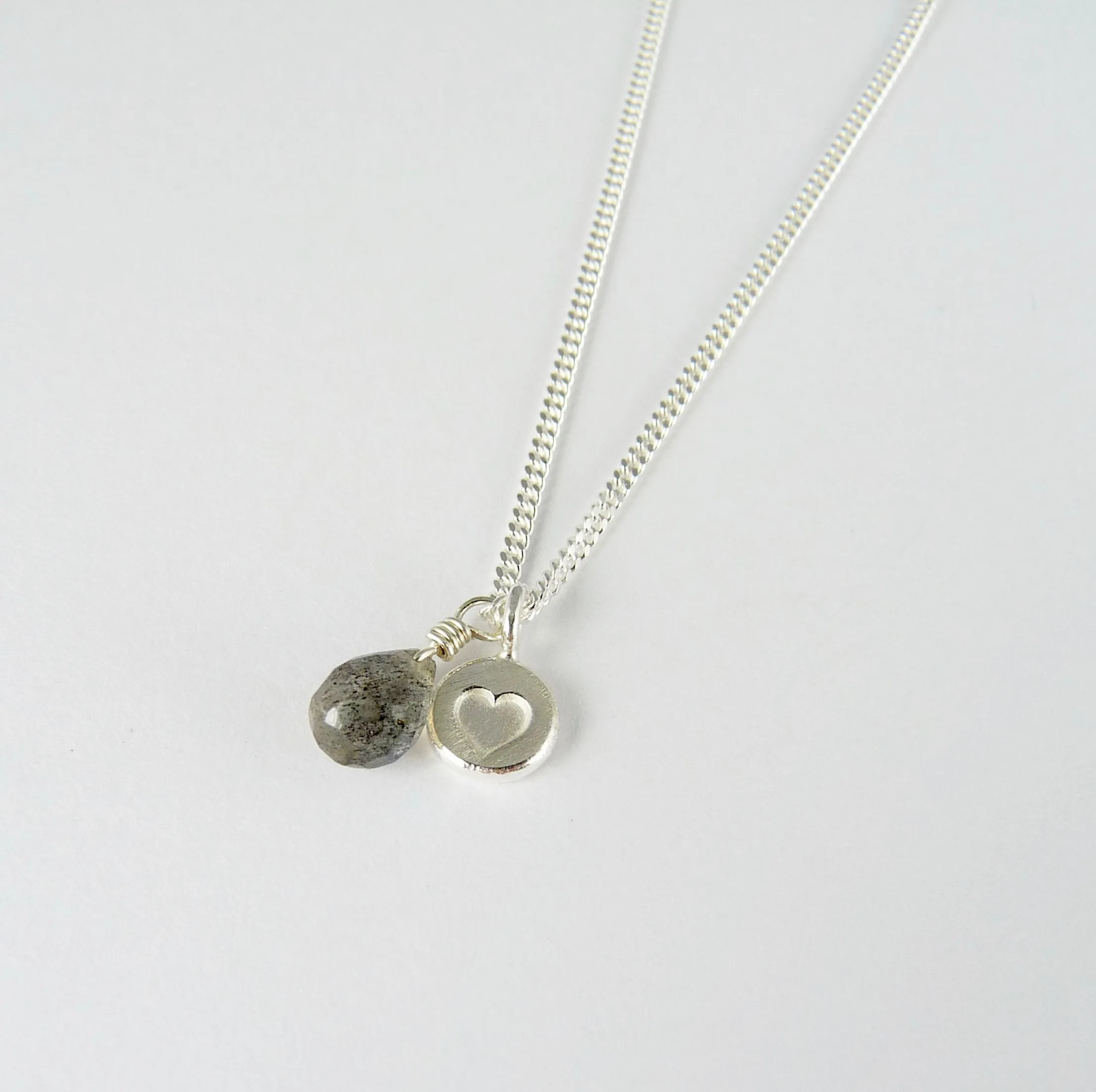 Silver Stamped Heart and Gemstone Necklace