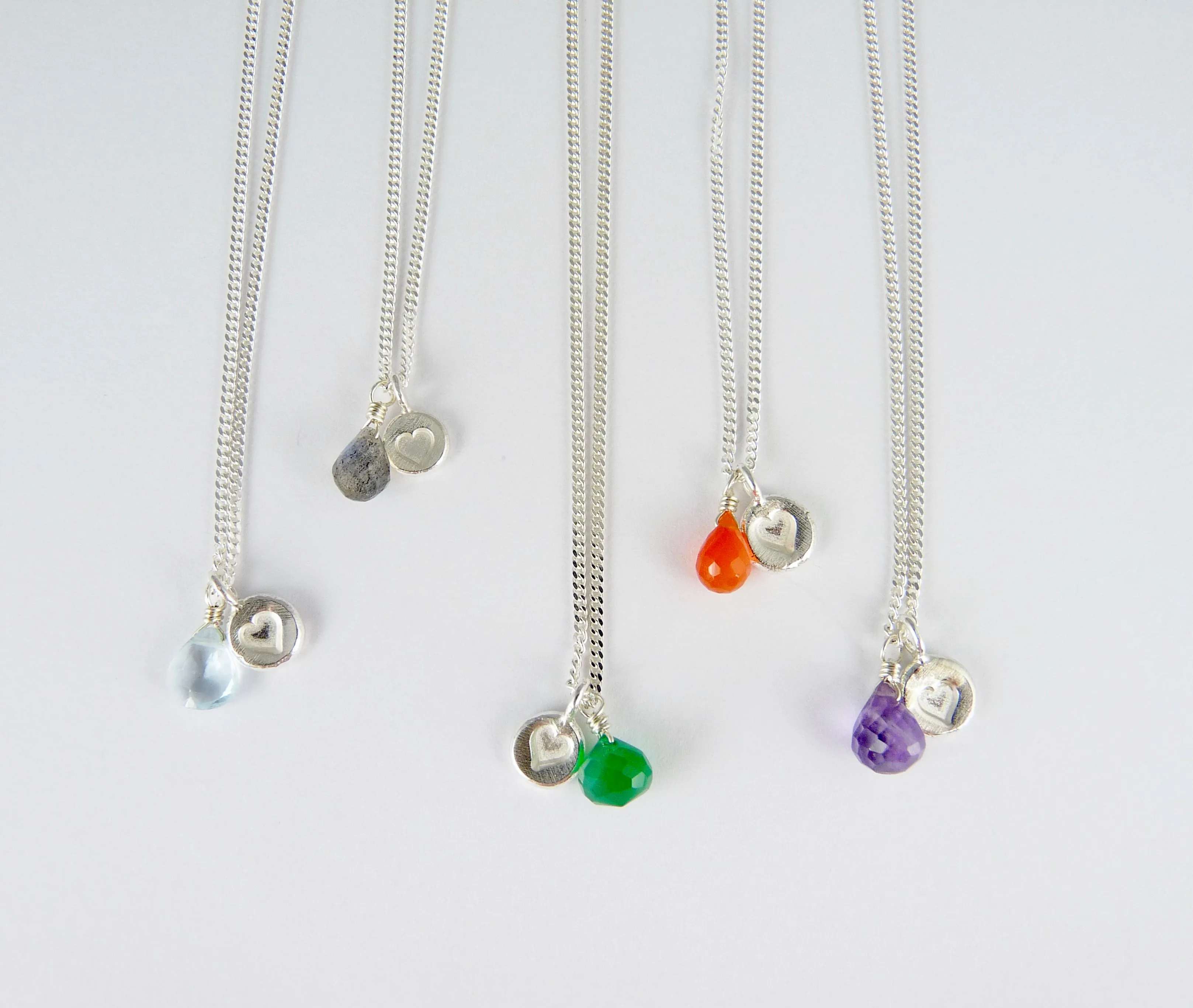 Silver Stamped Heart and Gemstone Necklace