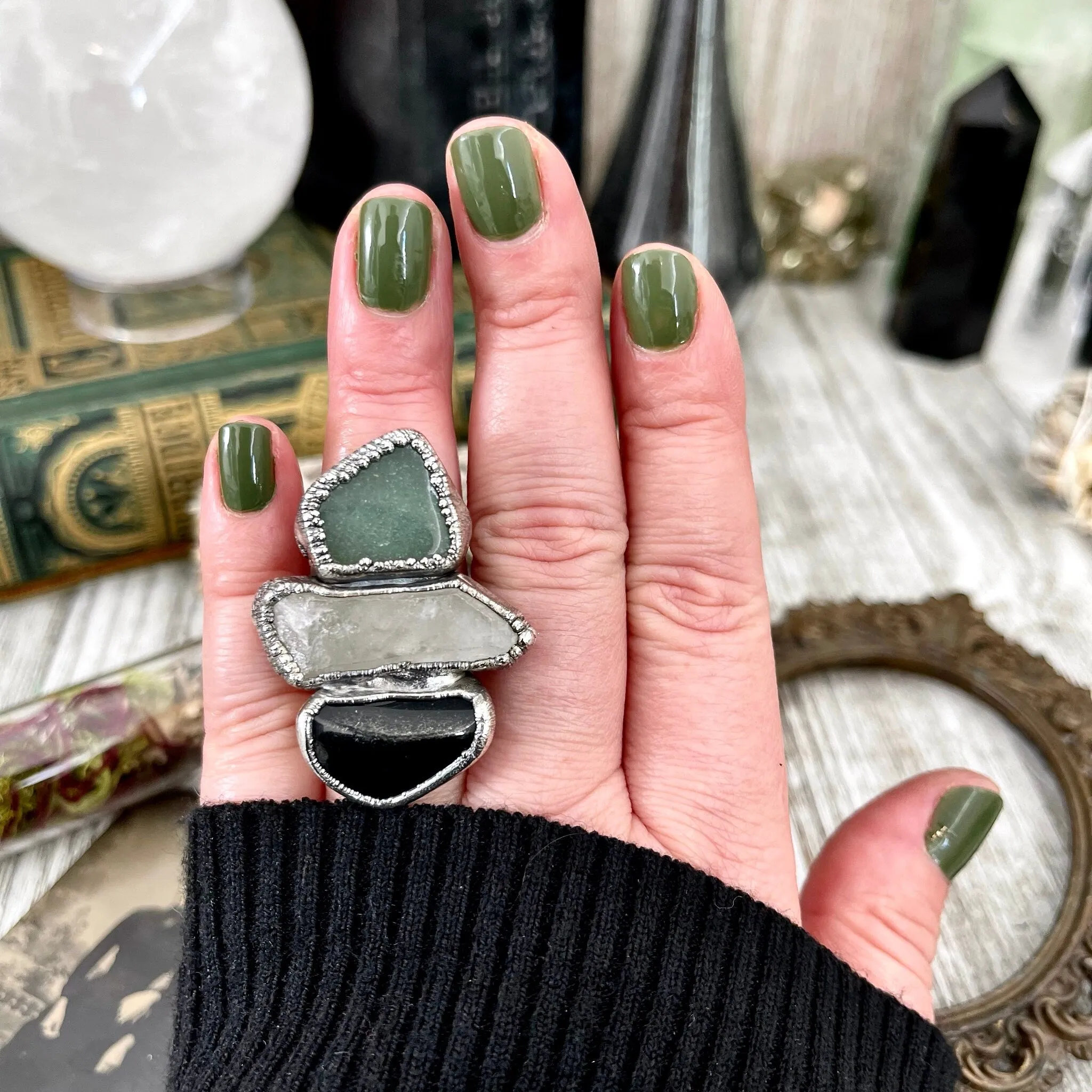 Size 7 Crystal Ring - Three Stone Black Onyx Aventurine Raw Quartz Ring in Silver / Foxlark Collection - One of a Kind