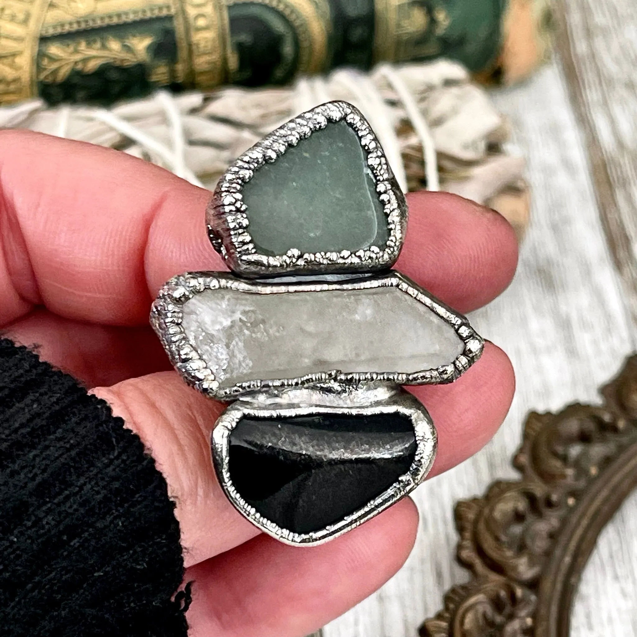 Size 7 Crystal Ring - Three Stone Black Onyx Aventurine Raw Quartz Ring in Silver / Foxlark Collection - One of a Kind