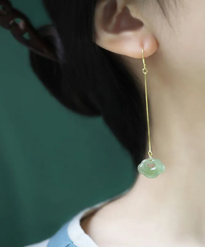 Skinny Green Sterling Silver Overgild Jade Drop Earrings