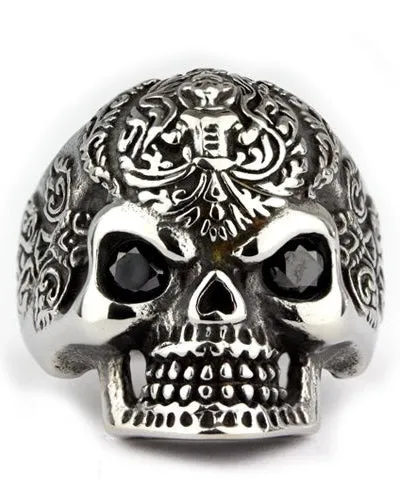 SKULL WITH STONE STEEL RING