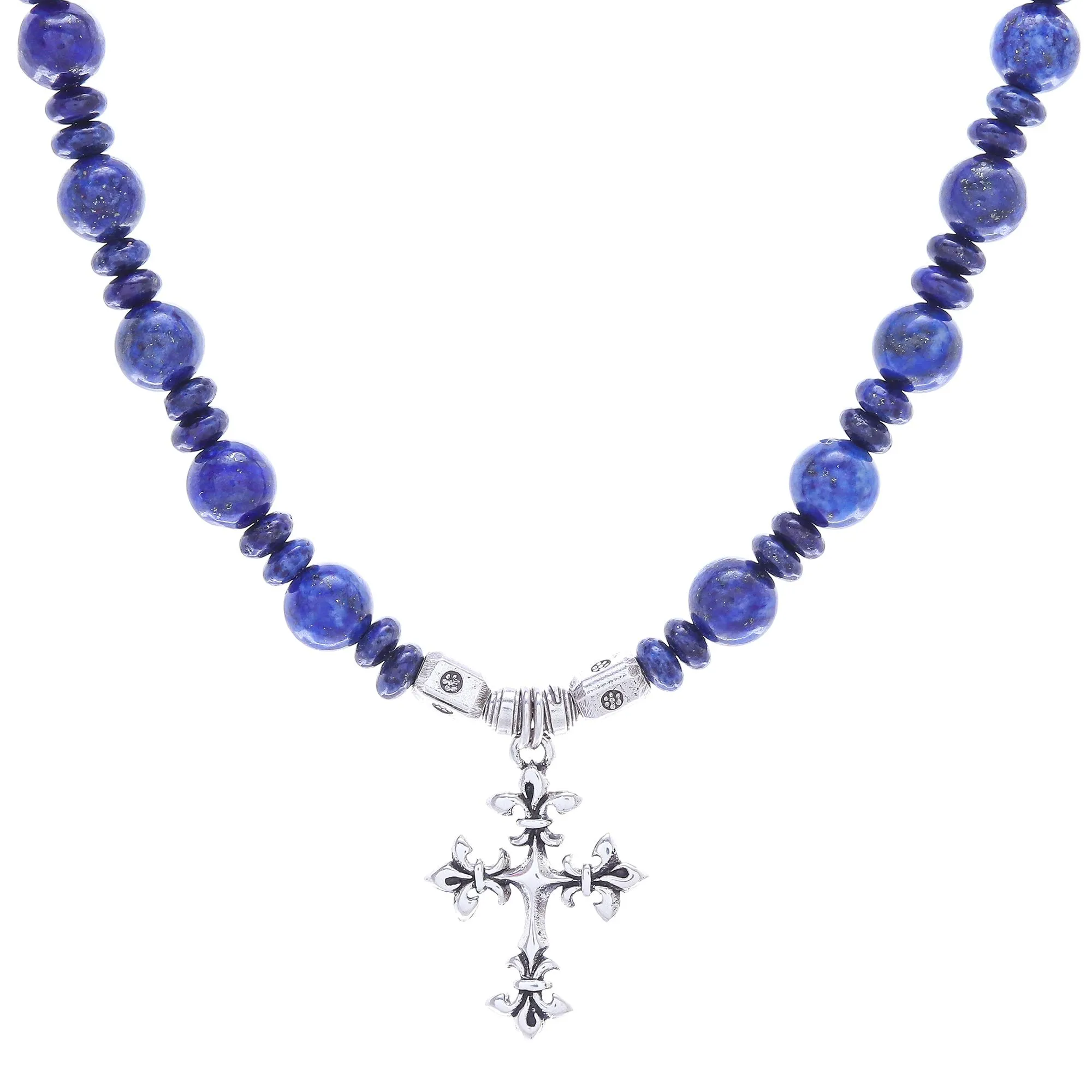 Sky and Sea Cross Handmade Lapis Lazuli Beaded Pendant Necklace