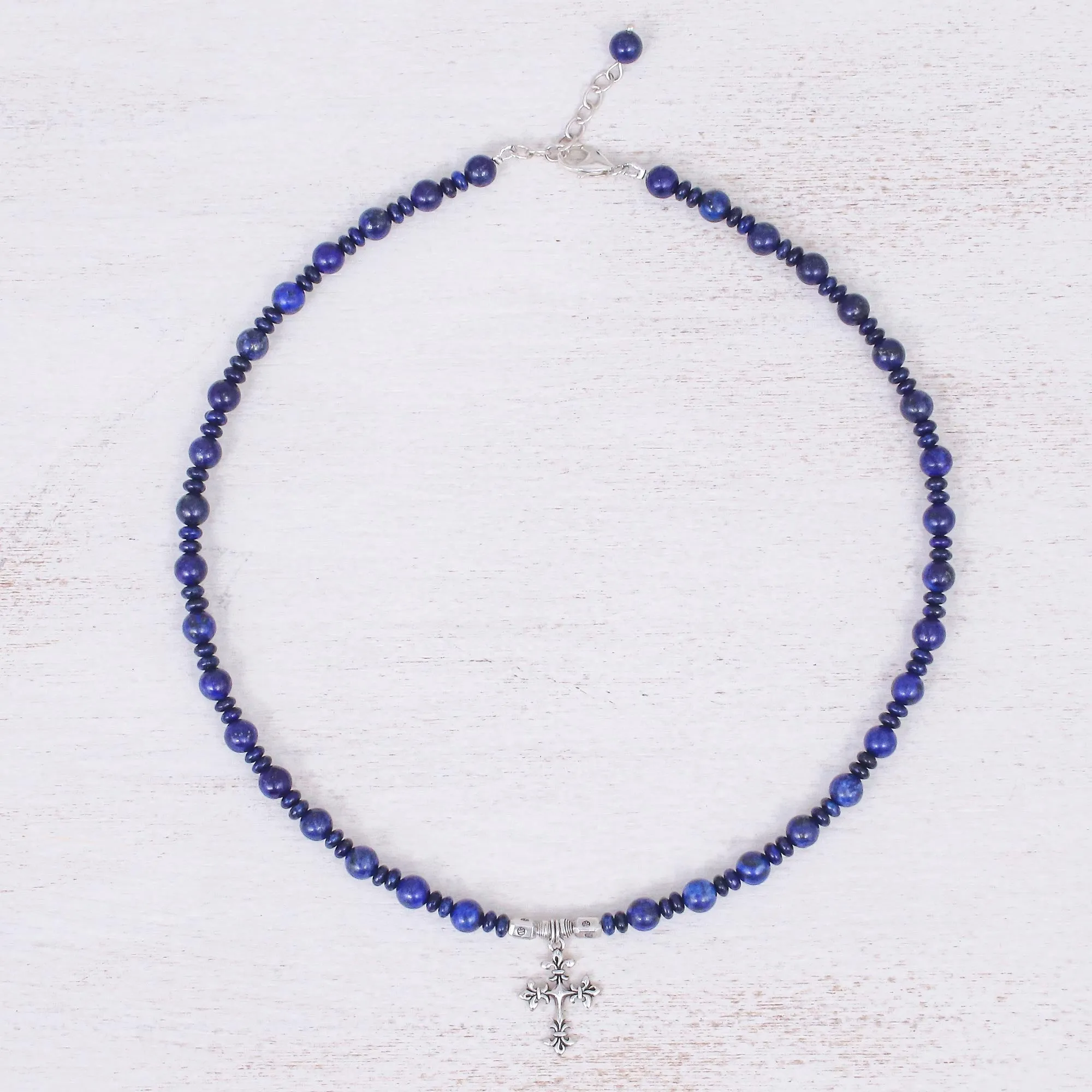 Sky and Sea Cross Handmade Lapis Lazuli Beaded Pendant Necklace