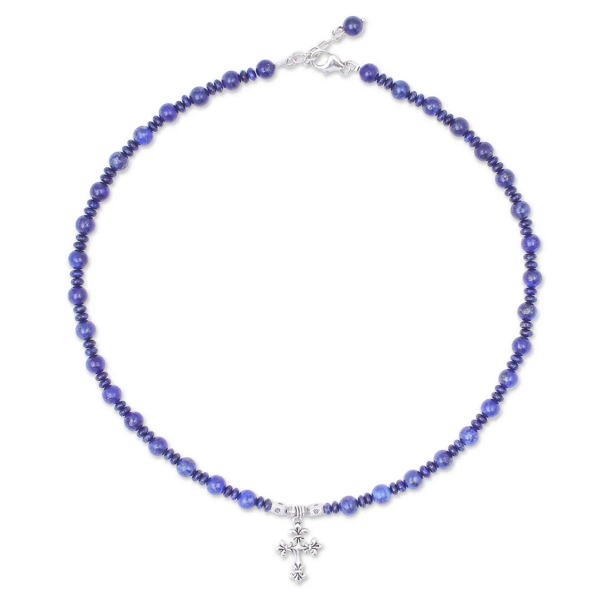 Sky and Sea Cross Handmade Lapis Lazuli Beaded Pendant Necklace