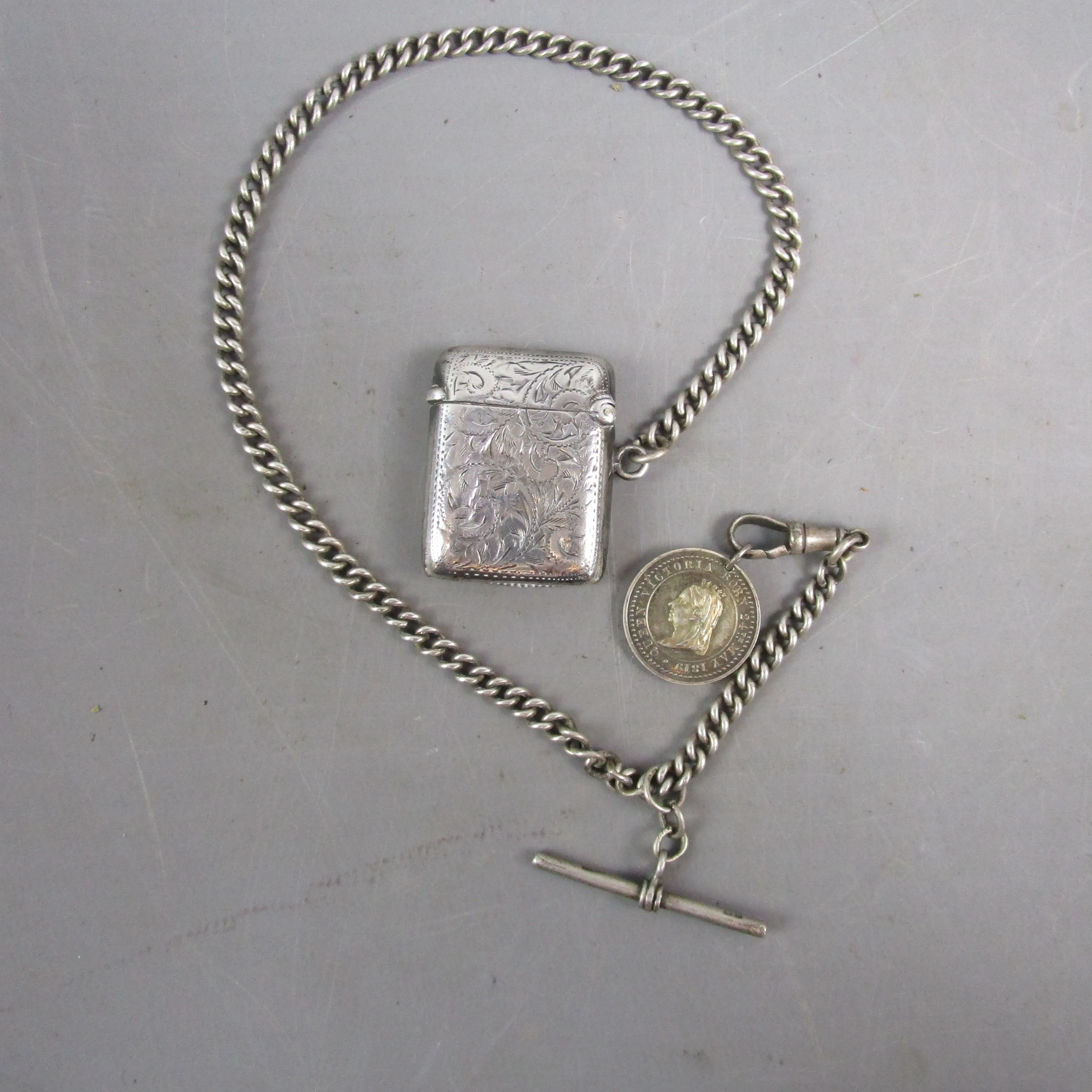 Sterling Silver Albert Watch Chain With Coin Pendant Fob T bar And Vesta Antique Victorian- c1900