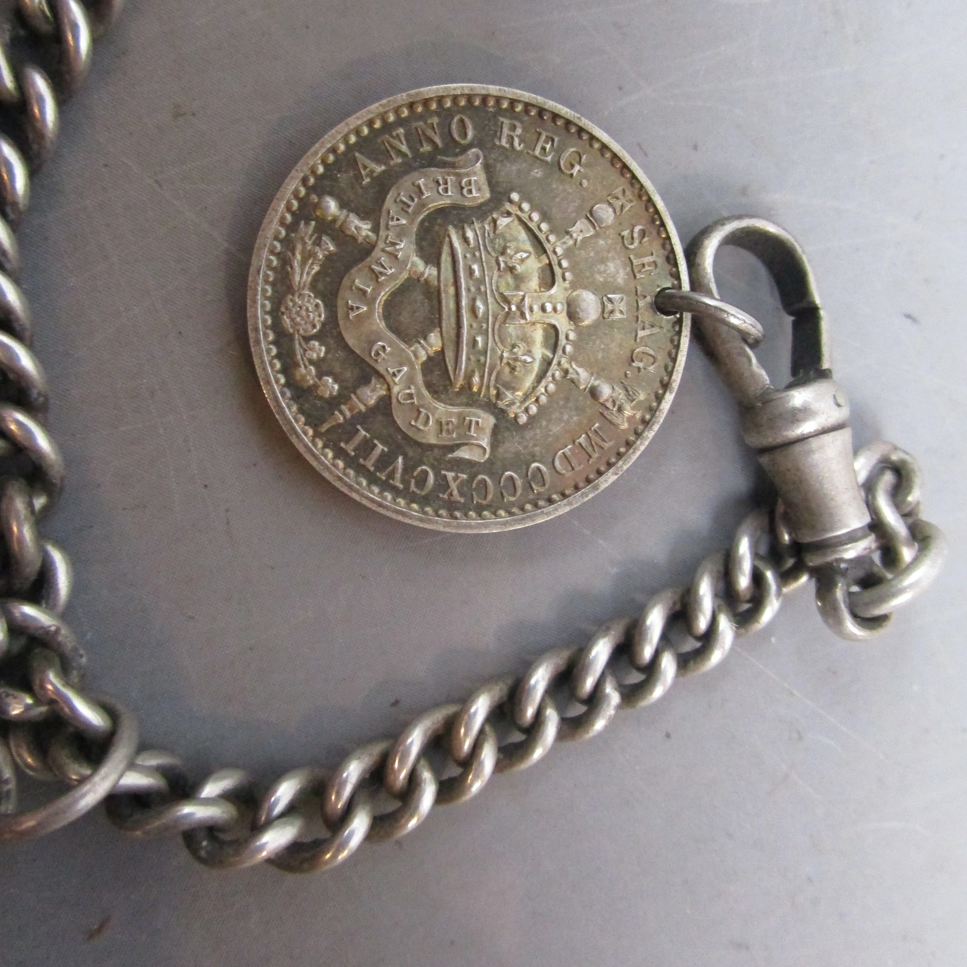 Sterling Silver Albert Watch Chain With Coin Pendant Fob T bar And Vesta Antique Victorian- c1900