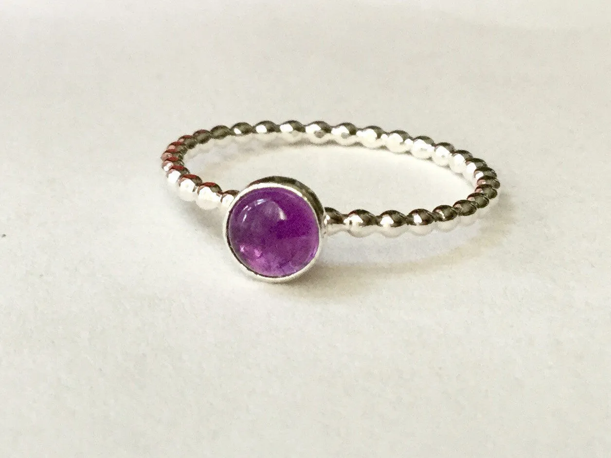 Sterling silver amethyst ring with stackable beaded band • Artisan Sterling silver gemstone ring