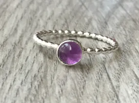 Sterling silver amethyst ring with stackable beaded band • Artisan Sterling silver gemstone ring