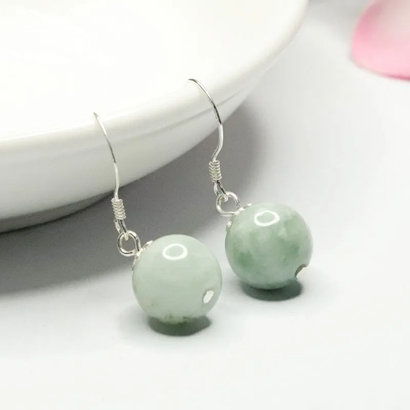 Sterling Silver Earrings with Jade Round Bead Ear Hooks