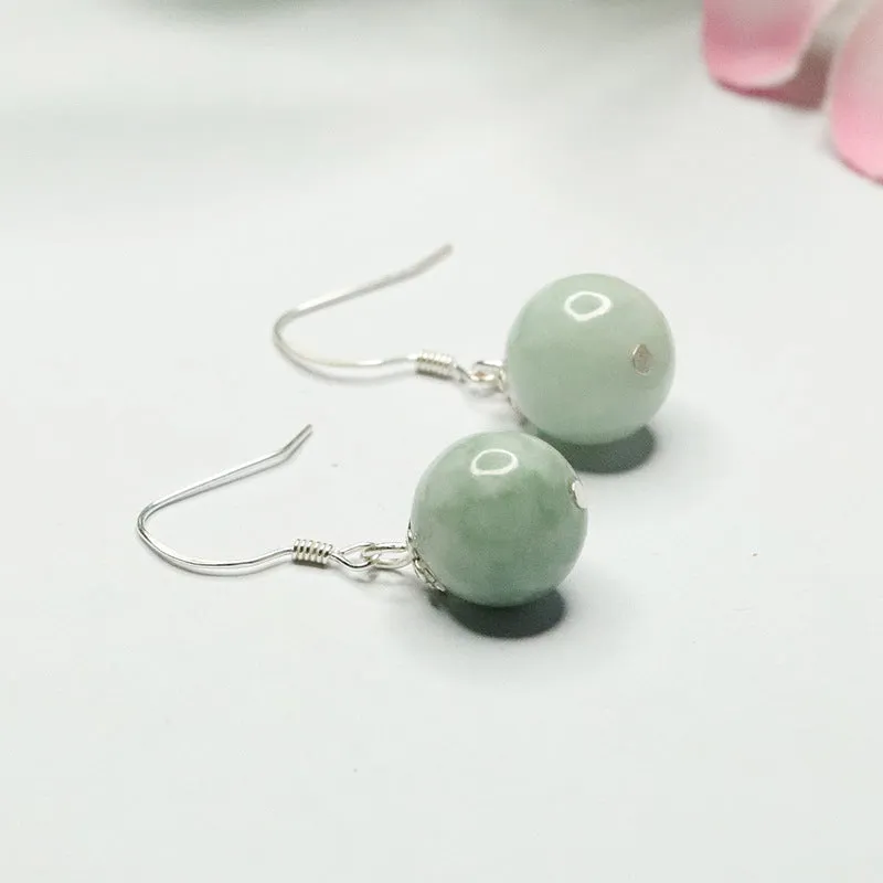 Sterling Silver Earrings with Jade Round Bead Ear Hooks