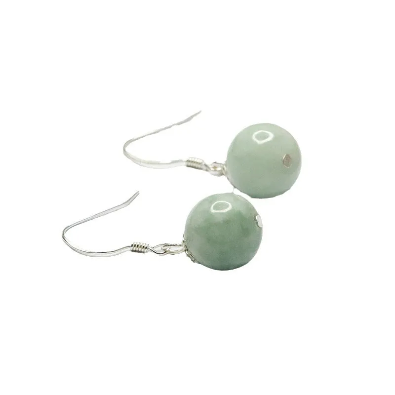 Sterling Silver Earrings with Jade Round Bead Ear Hooks