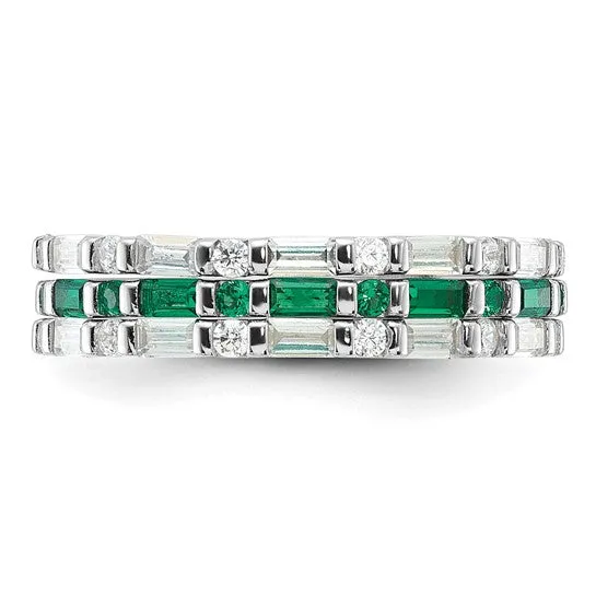 Sterling Silver Imitation Emerald and CZ 3 Ring Set