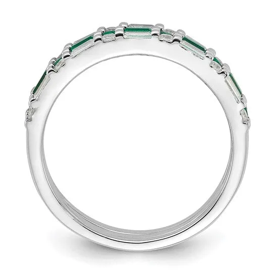 Sterling Silver Imitation Emerald and CZ 3 Ring Set