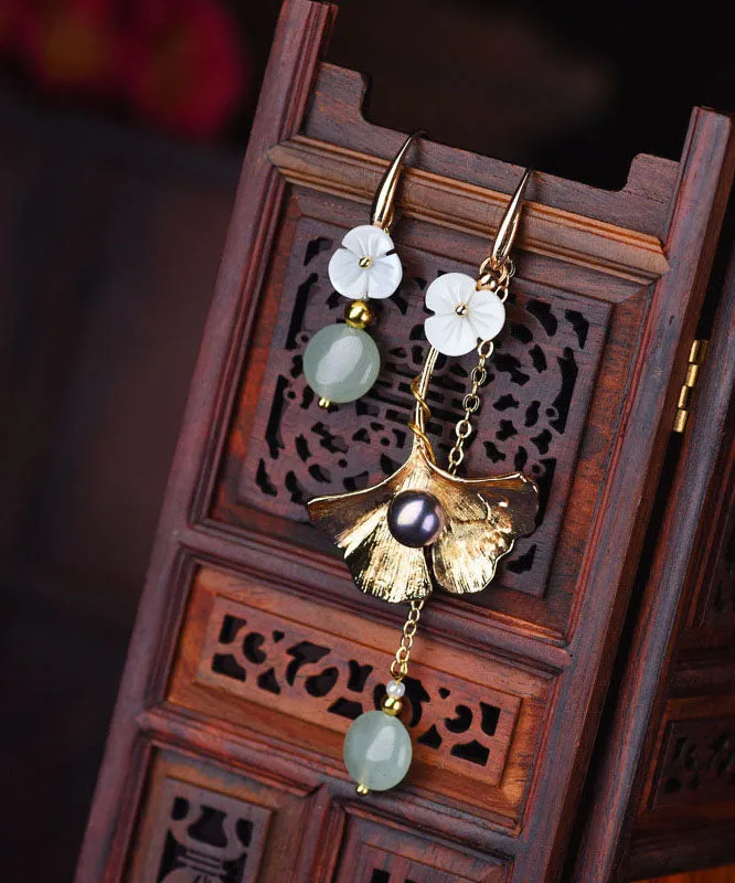 Style Asymmetrical Design Flower 14K Gold Jade Drop Earrings