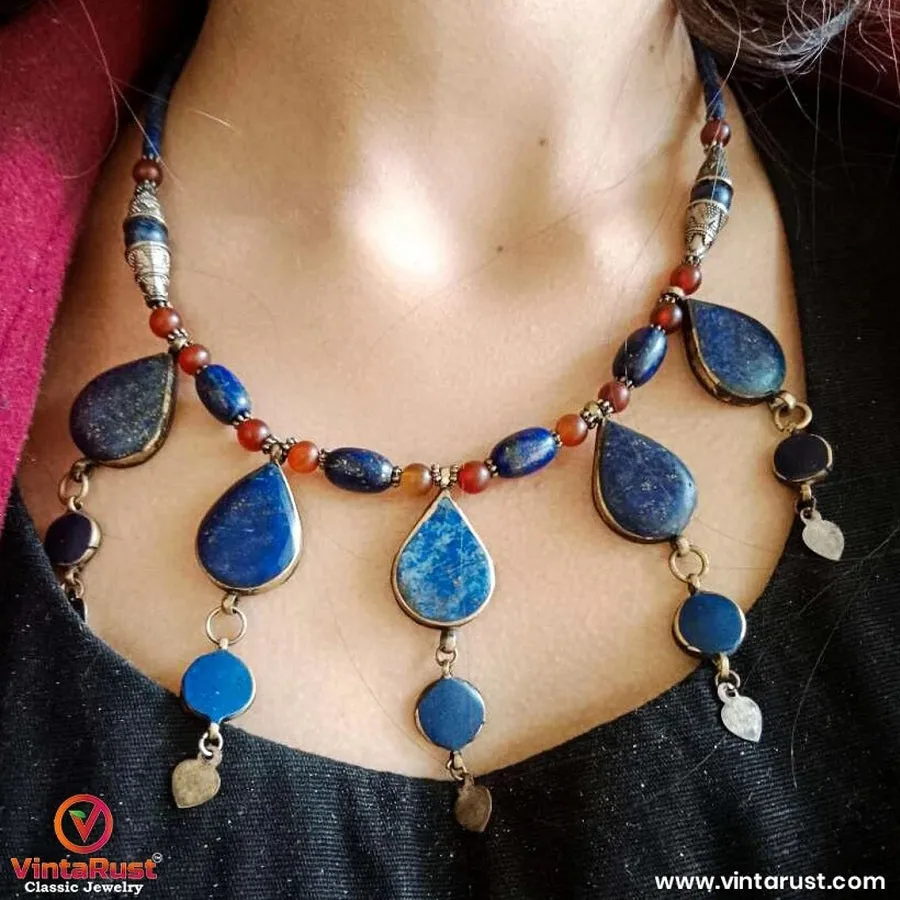 Stylish Lapis Lazuli Stone Necklace with Beaded Chain