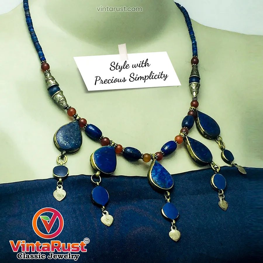 Stylish Lapis Lazuli Stone Necklace with Beaded Chain