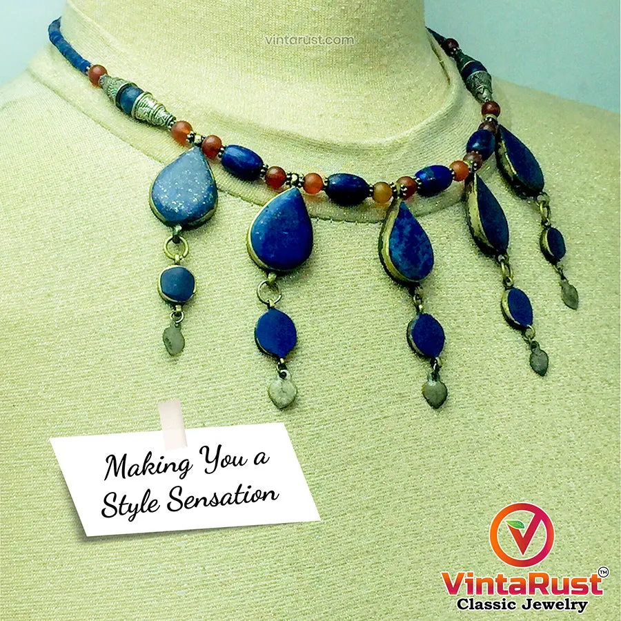 Stylish Lapis Lazuli Stone Necklace with Beaded Chain