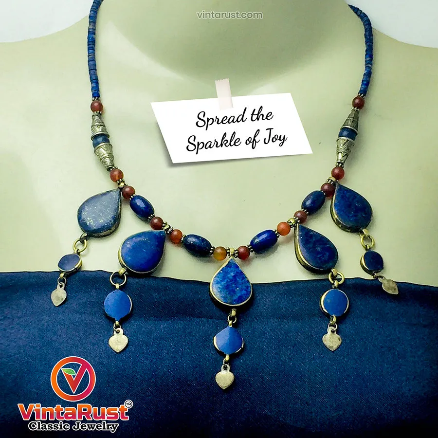 Stylish Lapis Lazuli Stone Necklace with Beaded Chain