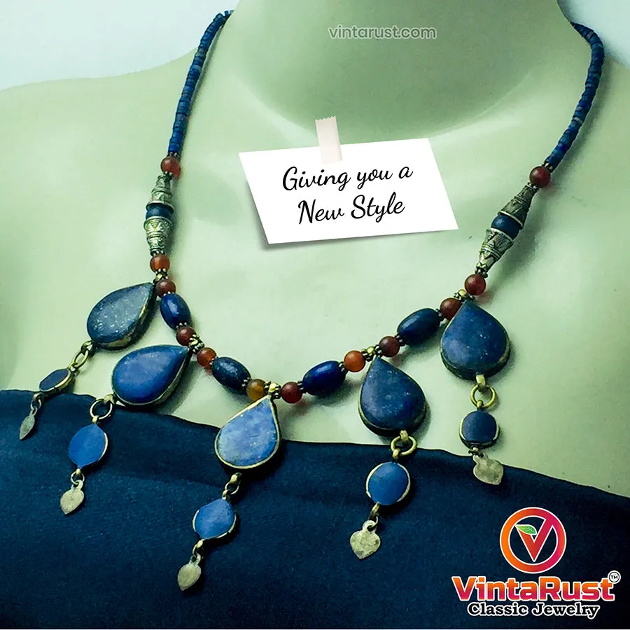 Stylish Lapis Lazuli Stone Necklace with Beaded Chain