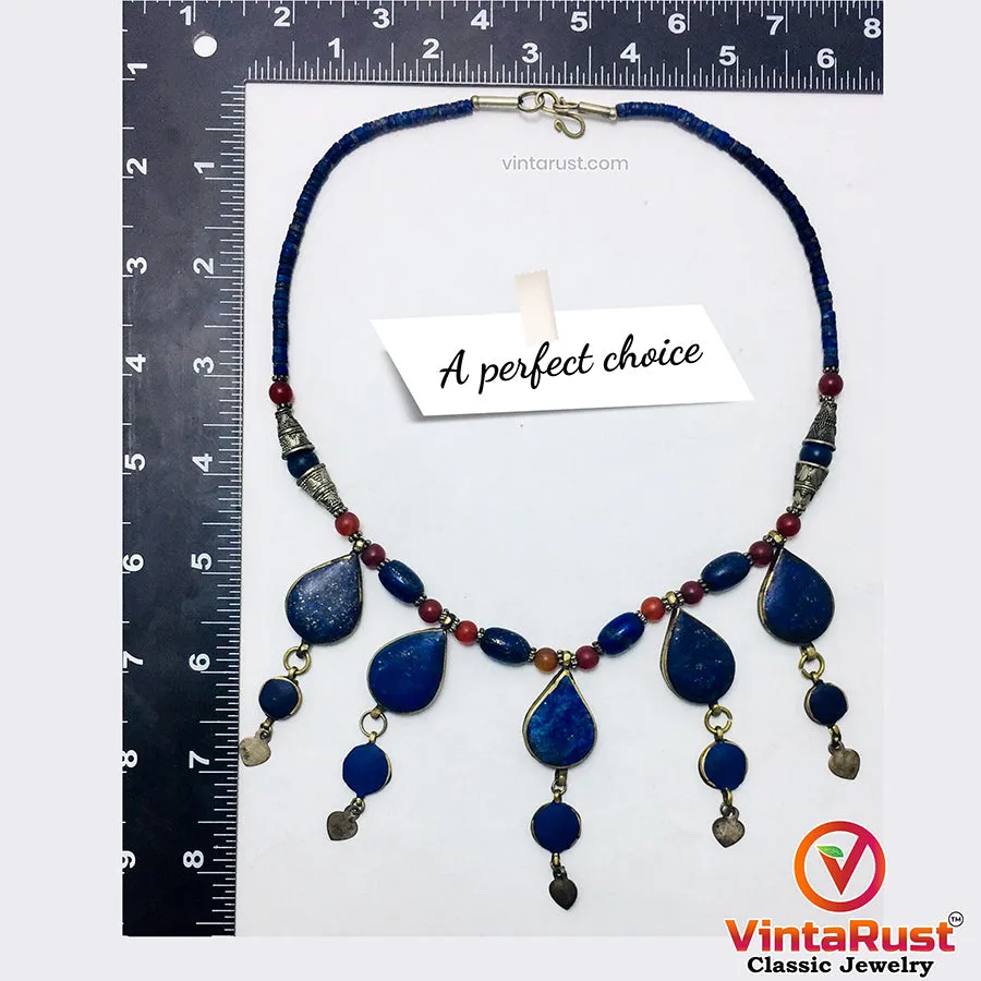 Stylish Lapis Lazuli Stone Necklace with Beaded Chain