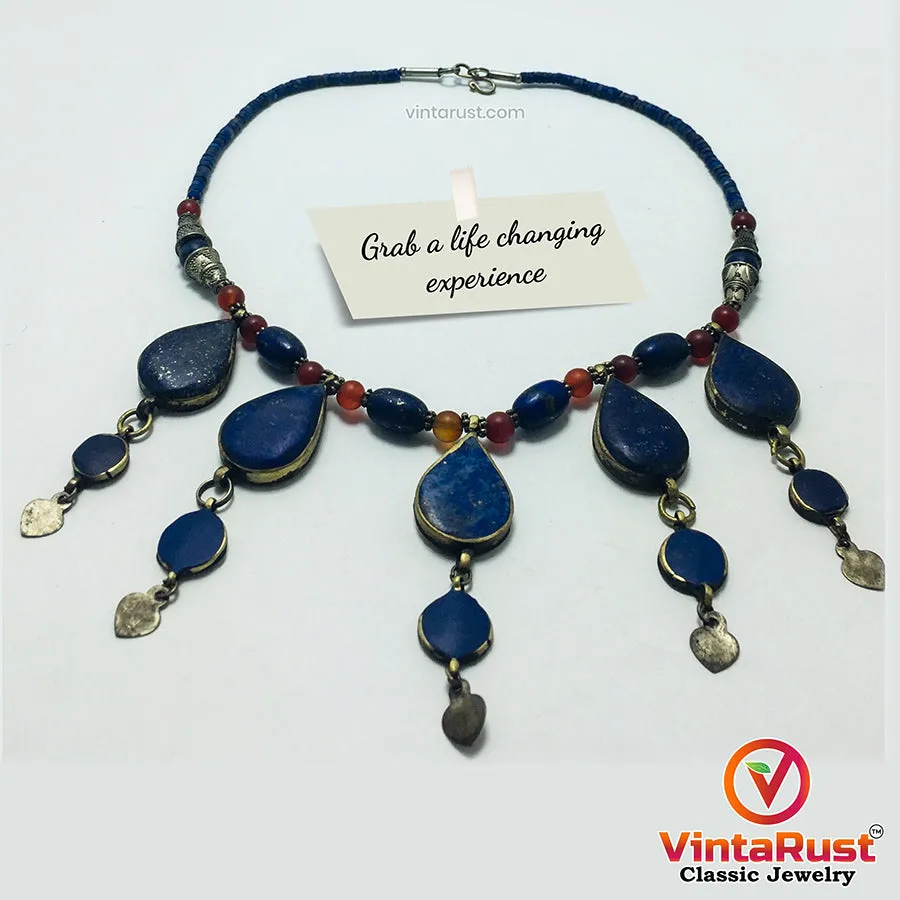 Stylish Lapis Lazuli Stone Necklace with Beaded Chain