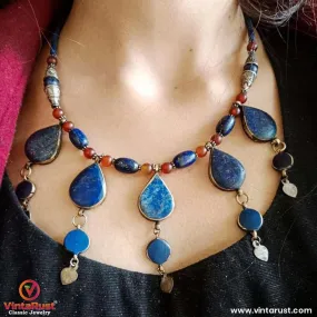 Stylish Lapis Lazuli Stone Necklace with Beaded Chain