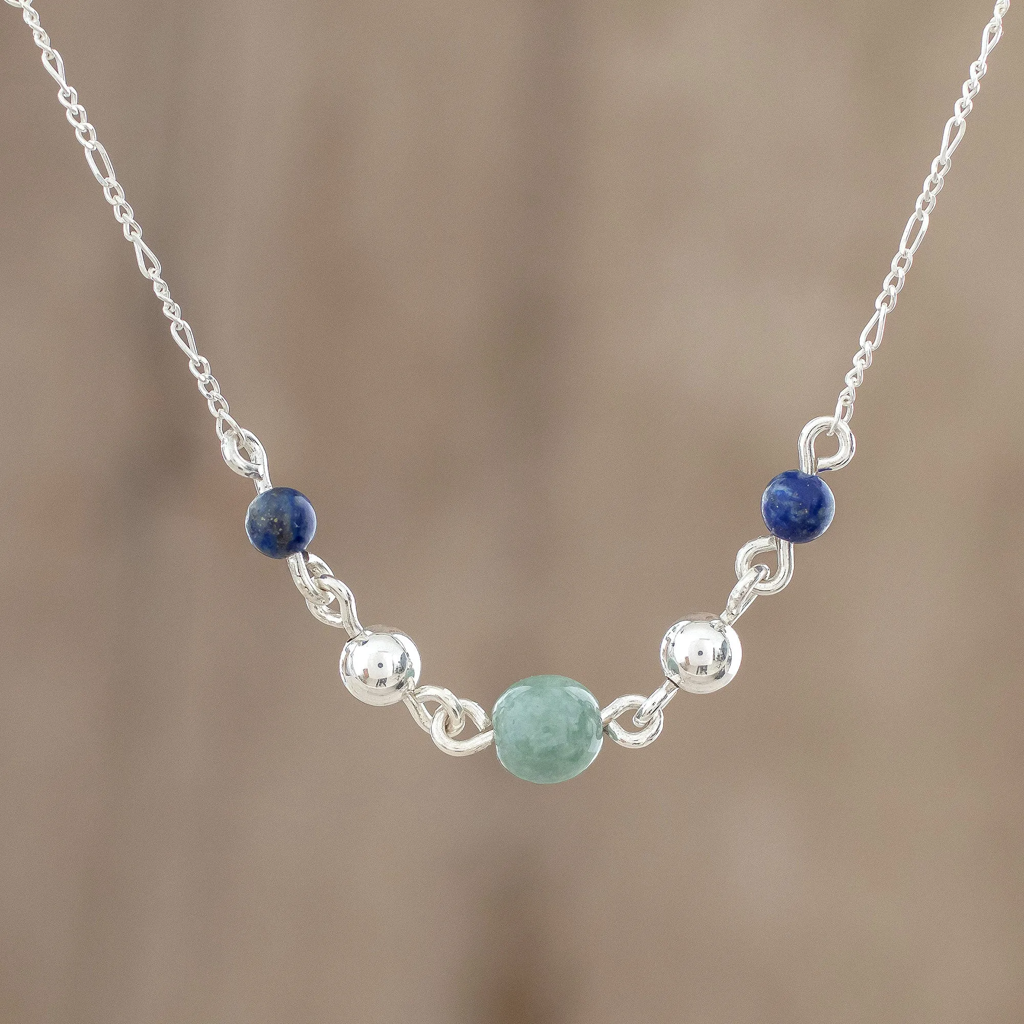 Subtle Combination Round Jade and Lapis Lazuli Pendant Necklace from Guatemala