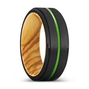 SUNNYVALE | Olive Wood, Black Tungsten Ring, Green Groove, Stepped Edge