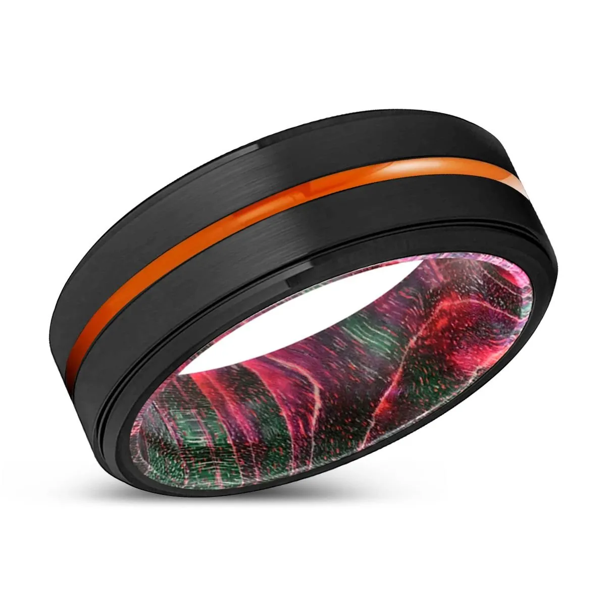 TACOMA | Green & Red Wood, Black Tungsten Ring, Orange Groove, Stepped Edge