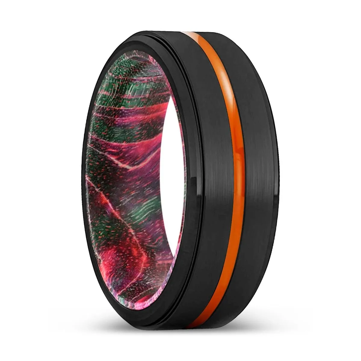 TACOMA | Green & Red Wood, Black Tungsten Ring, Orange Groove, Stepped Edge