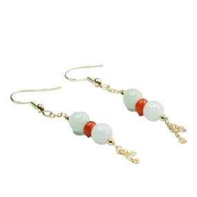 Three Round Red Jade Tassel Earrings with Sterling Silver Hooks