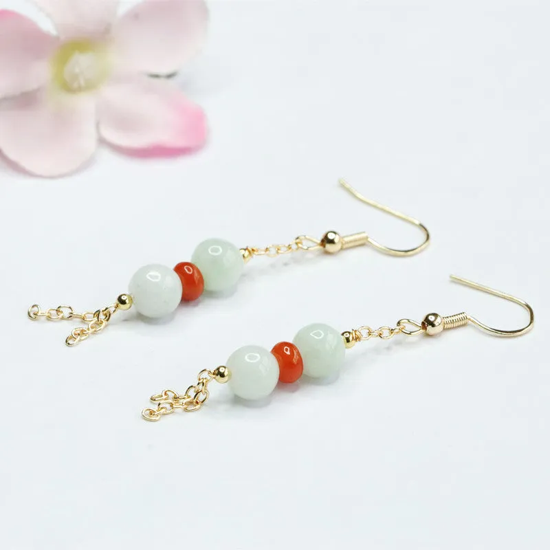 Three Round Red Jade Tassel Earrings with Sterling Silver Hooks