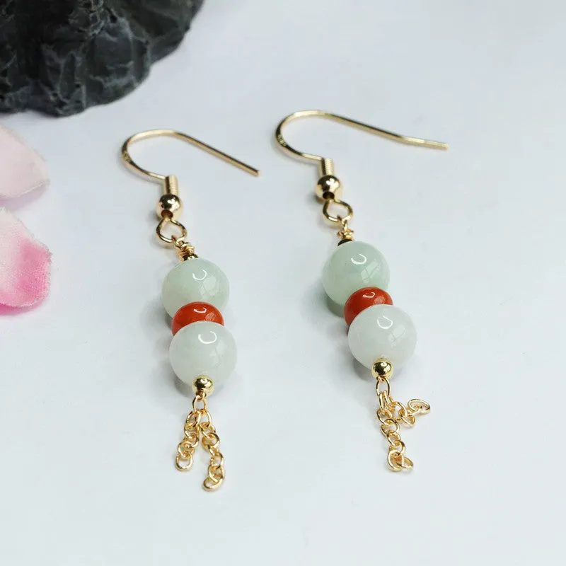 Three Round Red Jade Tassel Earrings with Sterling Silver Hooks