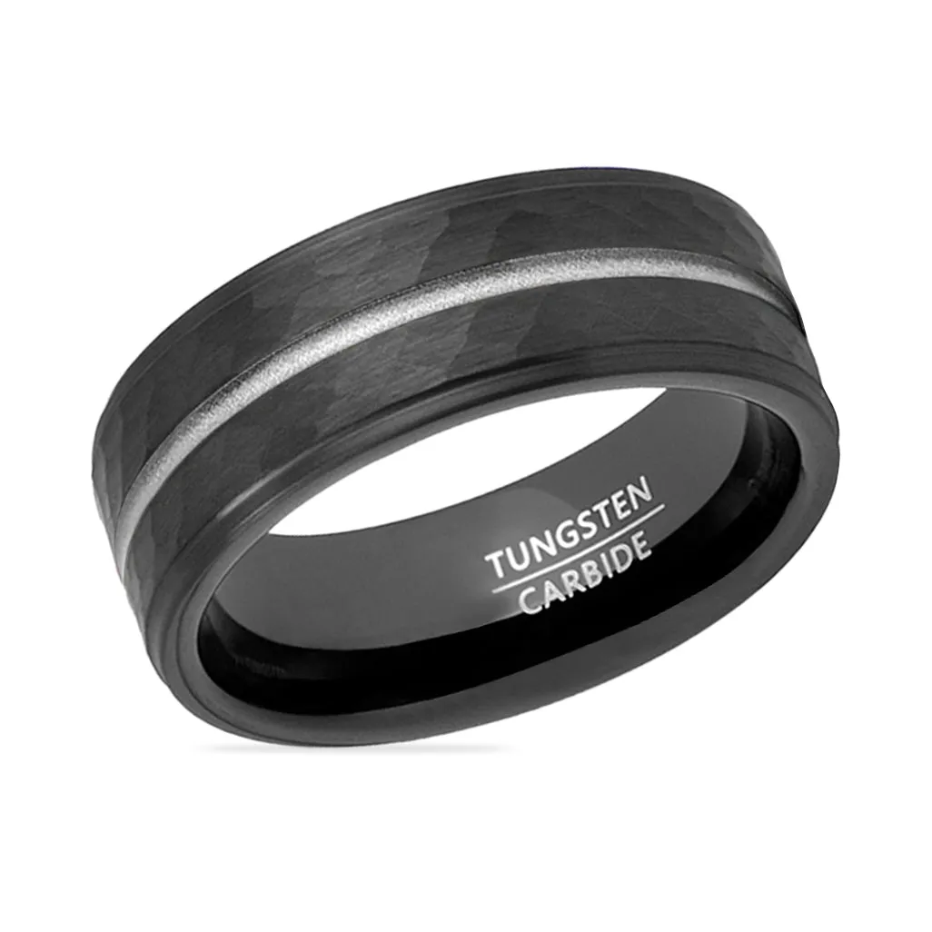 THUNDER | Black Tungsten Ring, Hammered, Silver Groove, Stepped Edge