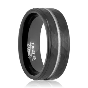 THUNDER | Black Tungsten Ring, Hammered, Silver Groove, Stepped Edge