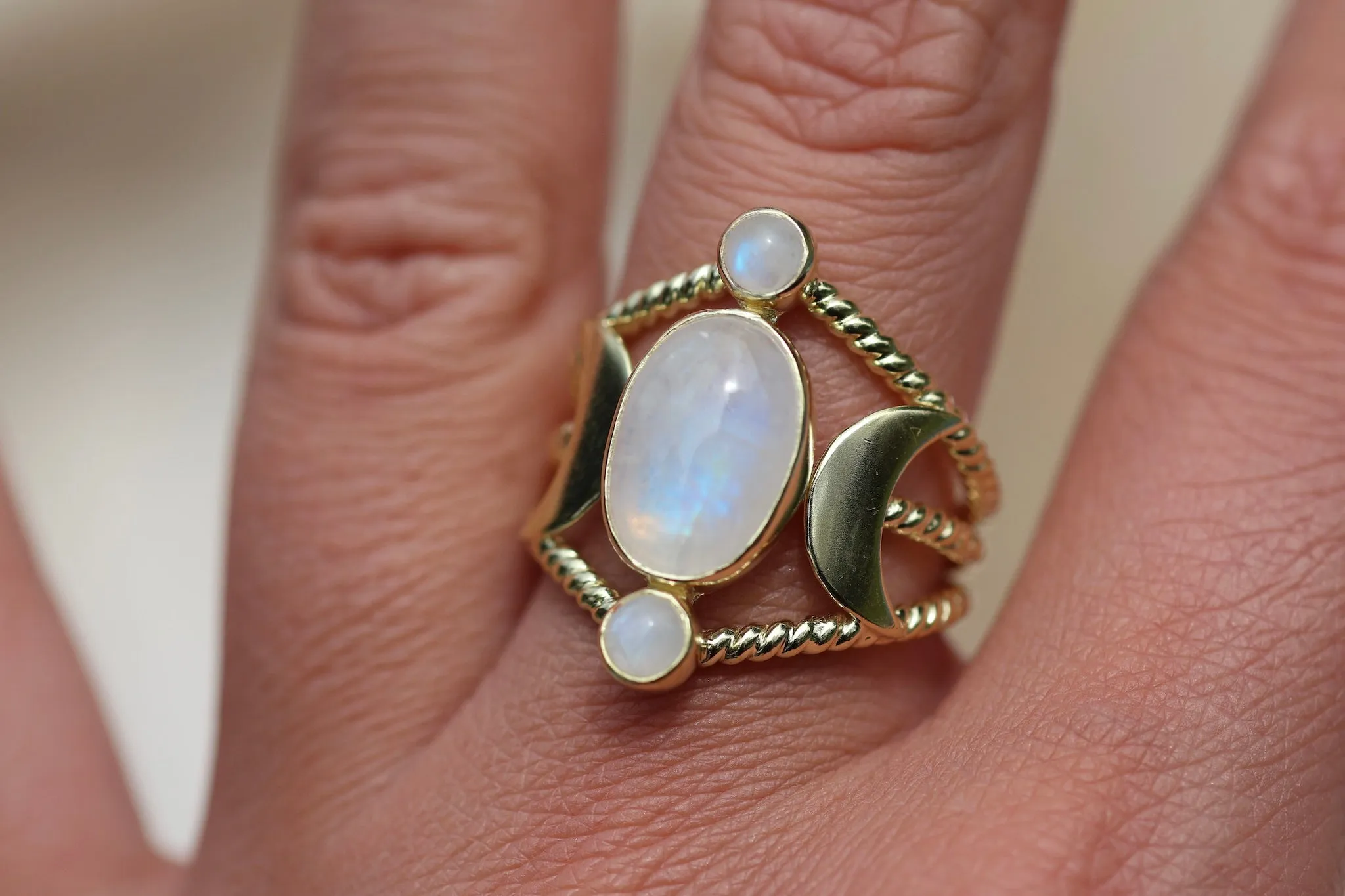 Triple Goddess Raina Gold Moonstone Ring