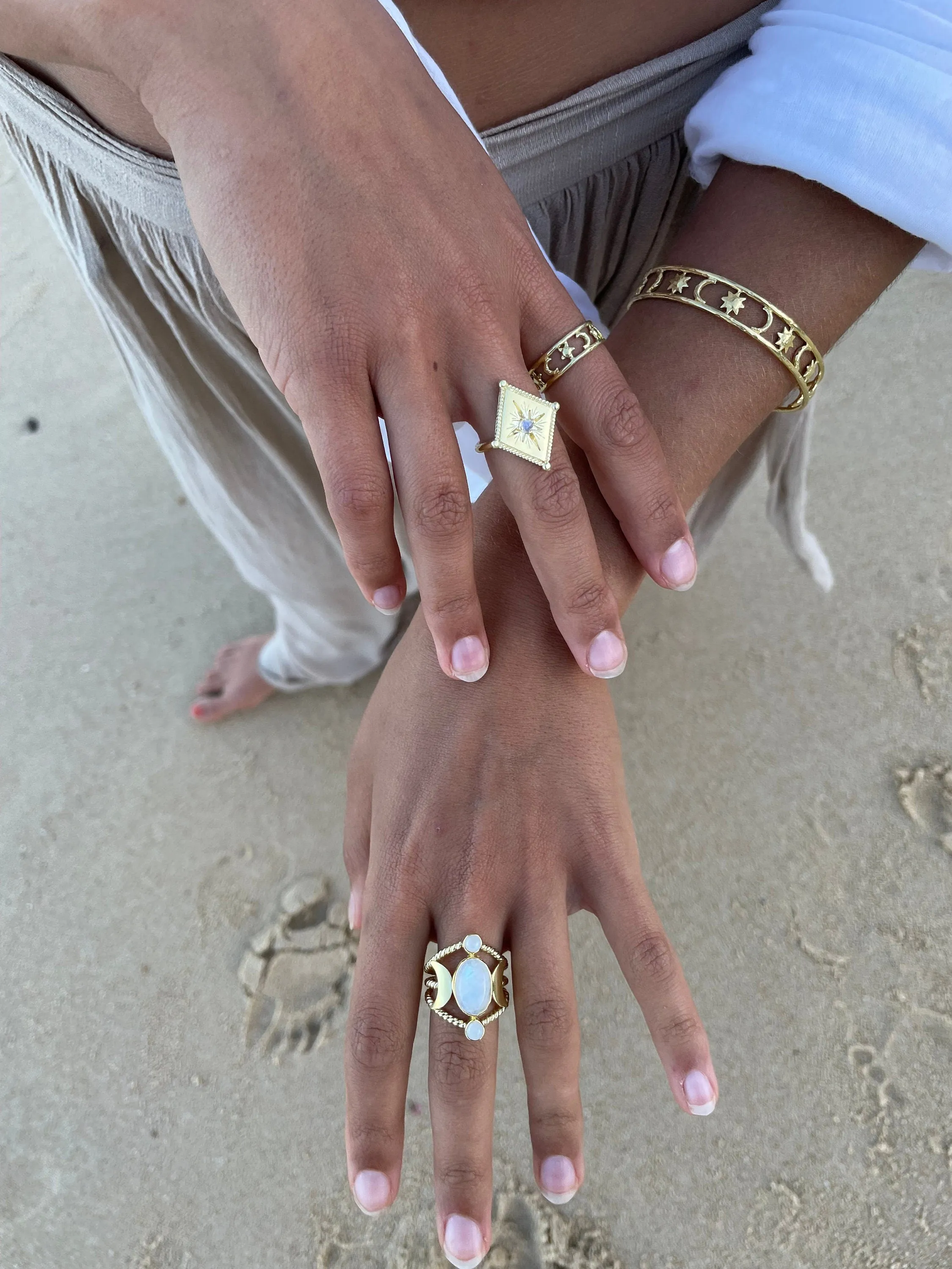 Triple Goddess Raina Gold Moonstone Ring