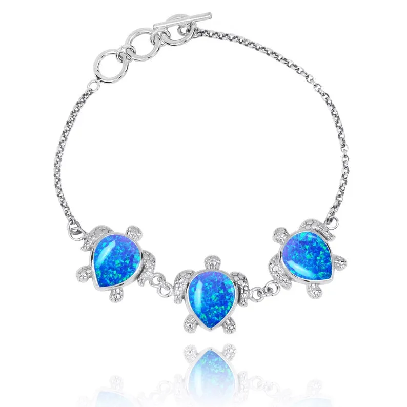 Triple Turtle with Blue Opal Sterling Silver Bracelet