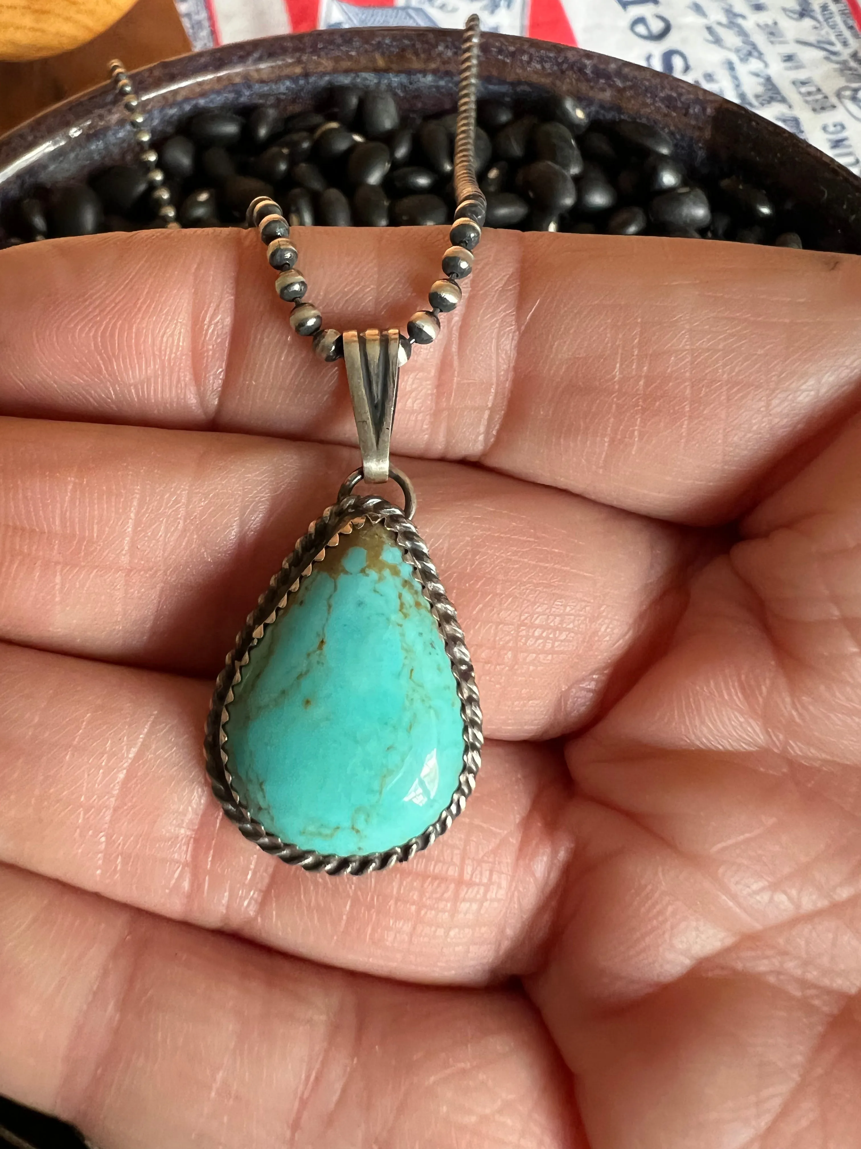 Turquoise Teardrop Pendant on ball chain