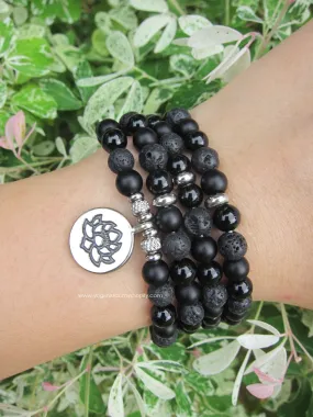 Unisex 108 Bead Mala in Black Onyx, Black Lava, Lotus Mala Necklace/Bracelet