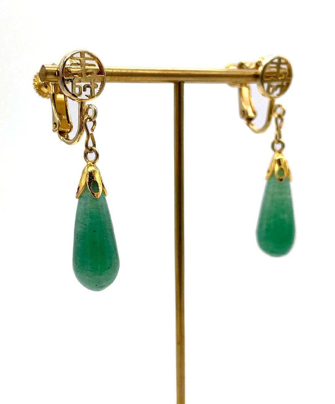 【USA輸入】ヴィンテージ 壽 ジェイドグリーン イヤリング/Vintage 壽 Jade Green Clip On Earrings