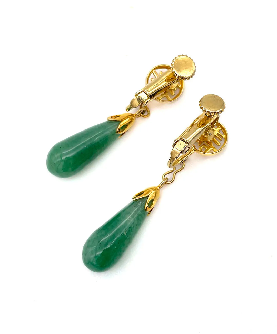 【USA輸入】ヴィンテージ 壽 ジェイドグリーン イヤリング/Vintage 壽 Jade Green Clip On Earrings