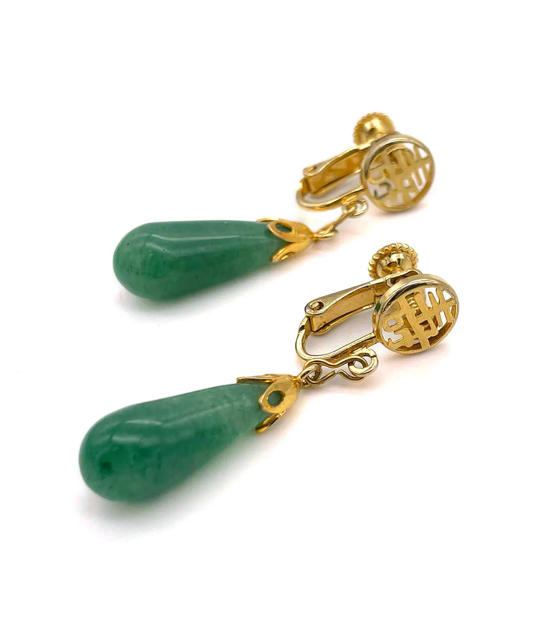 【USA輸入】ヴィンテージ 壽 ジェイドグリーン イヤリング/Vintage 壽 Jade Green Clip On Earrings