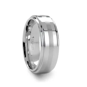 VALKYRIE | Silver Tungsten Ring, Brushed Stripe, Stepped Edge