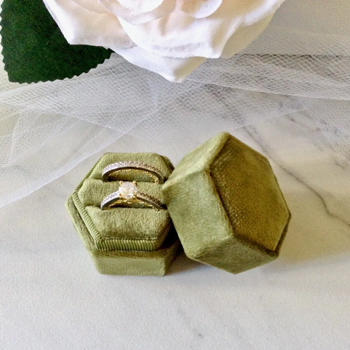 Velvet Heirloom Hexagon Ring Box - More Colors Available