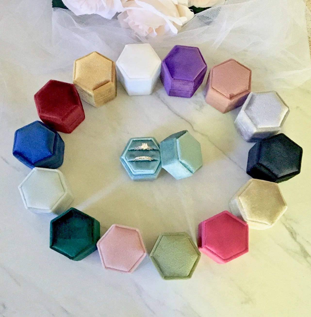 Velvet Heirloom Hexagon Ring Box - More Colors Available