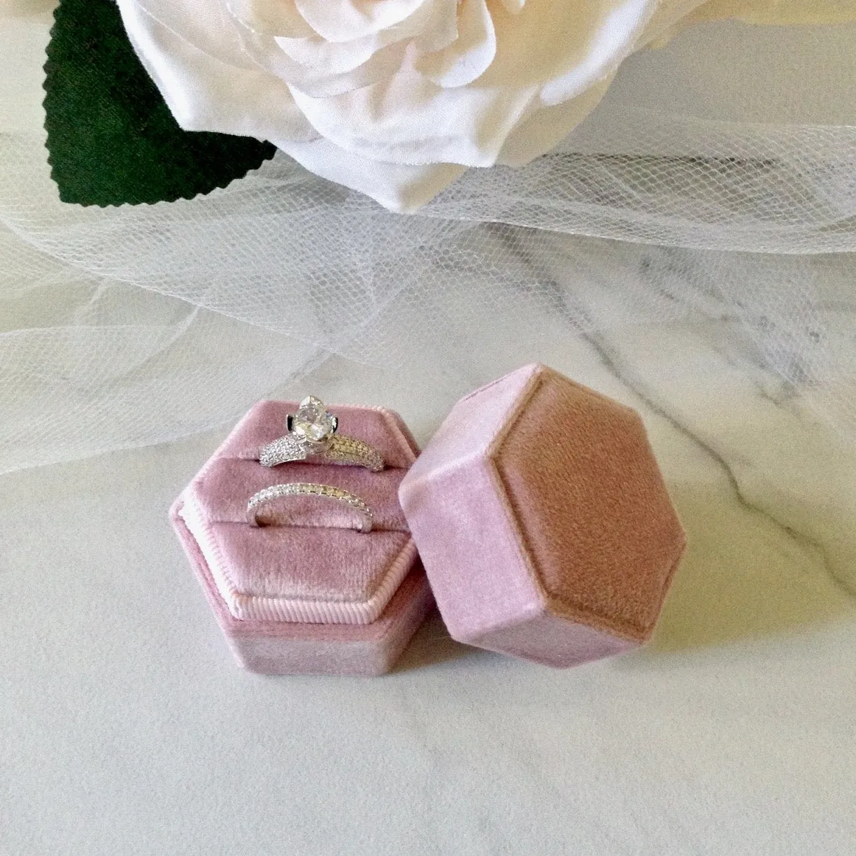 Velvet Heirloom Hexagon Ring Box - More Colors Available