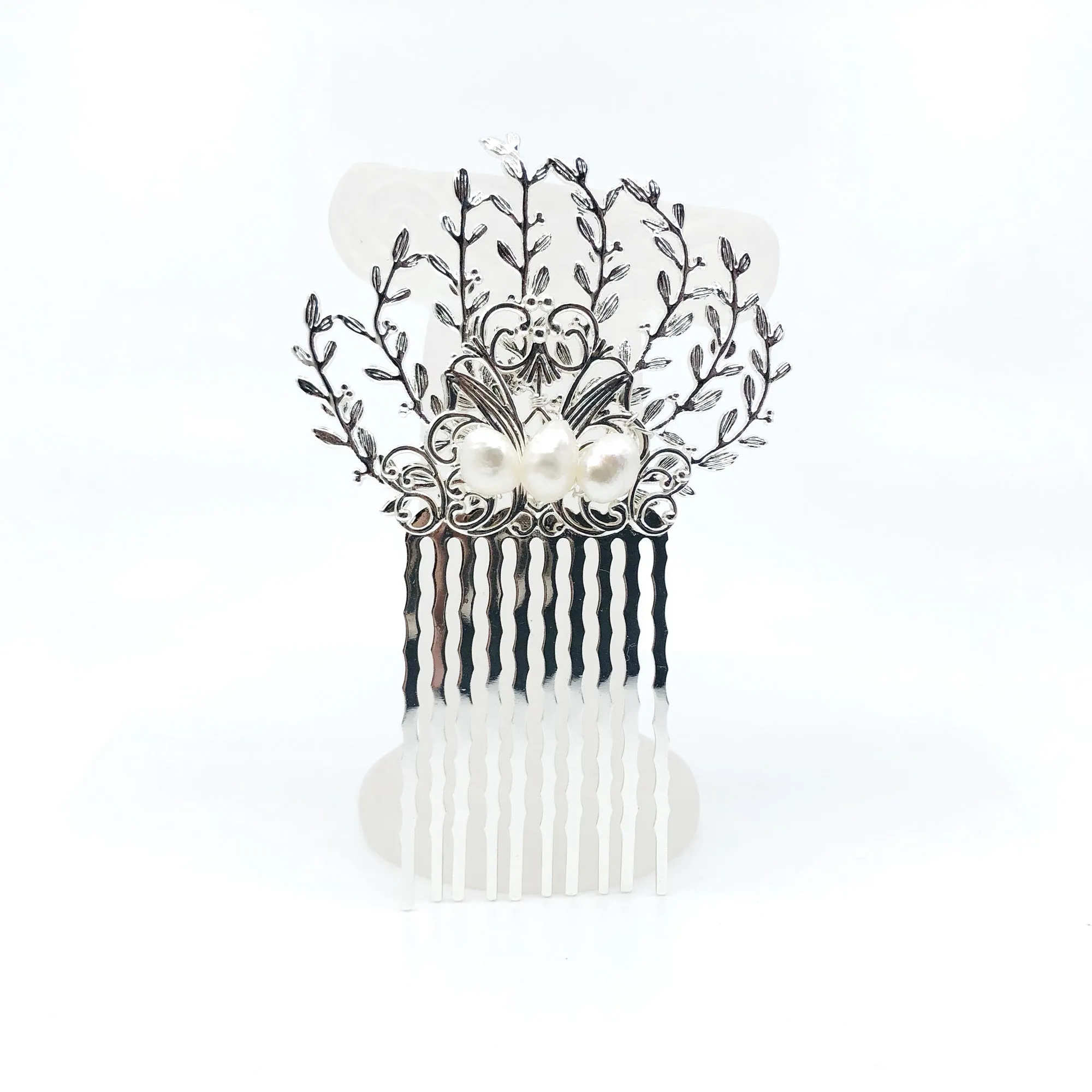 Vine Hair Comb Silver with Baroque Pearls